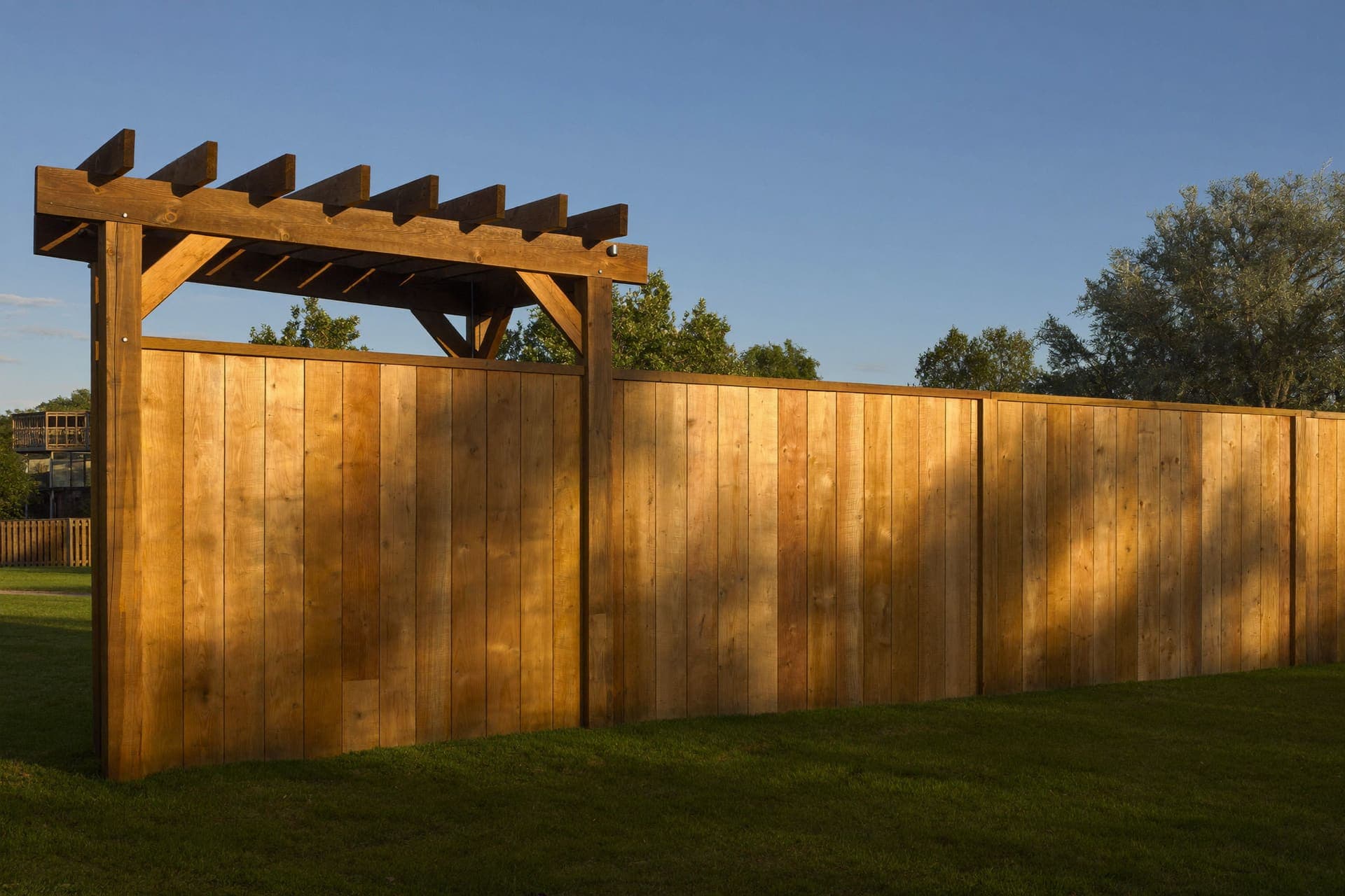 Stained cedar privacy fence and arbor in a Texas backyard